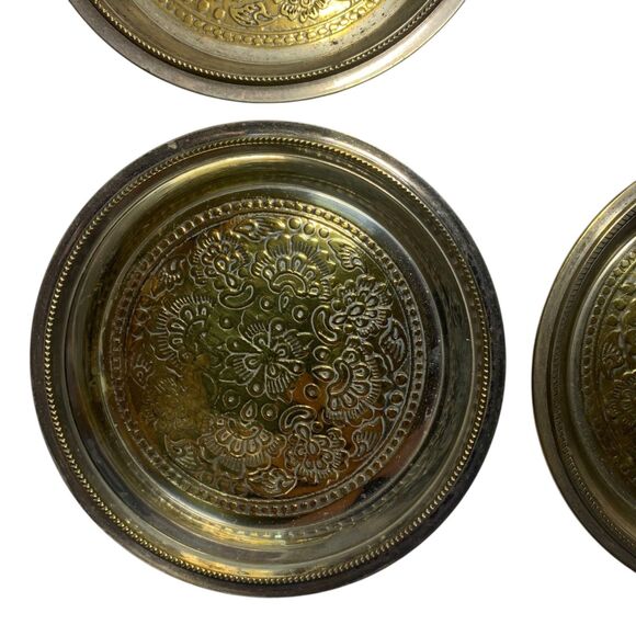 Vintage Silver Plated over Brass Set of 4 Coasters Trinket Trays - Picture 3 of 5